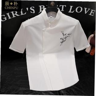 新中式国风男装竹印花短袖衬衫2024夏季高级感冰丝立领衬衫上衣