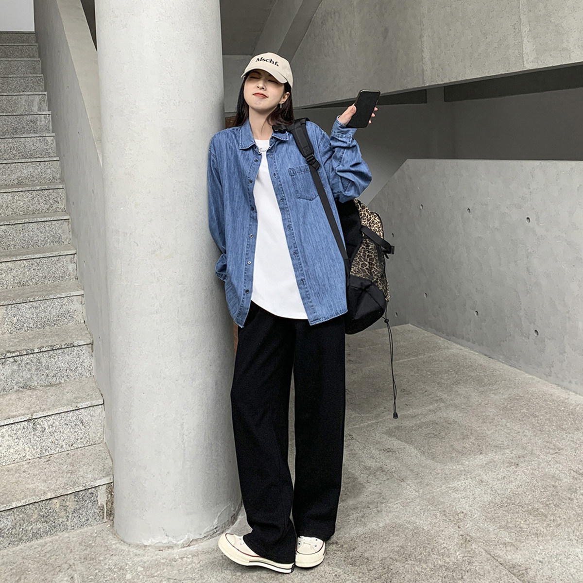 sixi四喜家春秋 复古水洗蓝 舒适牛仔衬衫女宽松显瘦叠穿衬衣