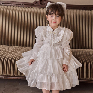 2024春季法式女童洛丽塔连衣裙白色表演礼服周岁生日礼物长袖洋气