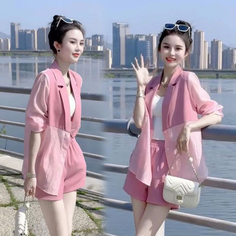 2023新款韩版时尚套装女夏西装领防晒西服外套气质显瘦短裤两件套