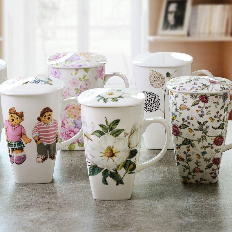 包邮 方口个骨瓷大容量杯子带盖带勺欧式简约水杯女陶瓷杯马克杯韩式