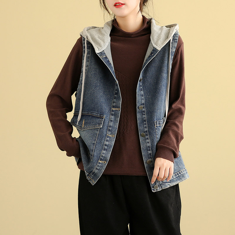 dza旗舰店的优惠券大全—dza 文艺复古连帽牛仔马甲女士外搭背心外套