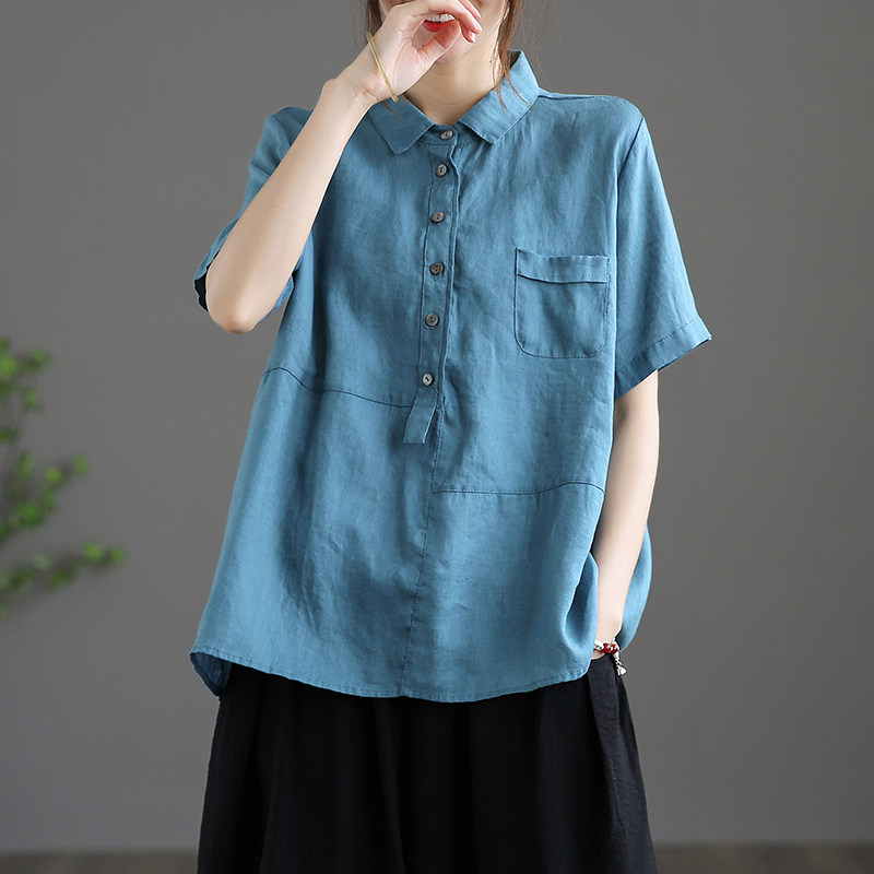 dza高端棉麻上衣女士衬衫短袖2021夏新薄款气质亚麻宽松漂亮衬衣