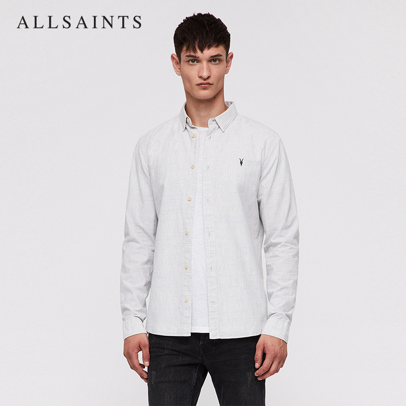 allsaints男士colton长袖衬衫秋休闲羊头刺绣修身衬衣ms027p