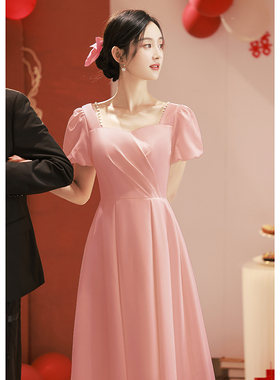 粉色小晚礼服日常可穿年会缎面伴娘服订婚连衣裙领证生日聚会洋装