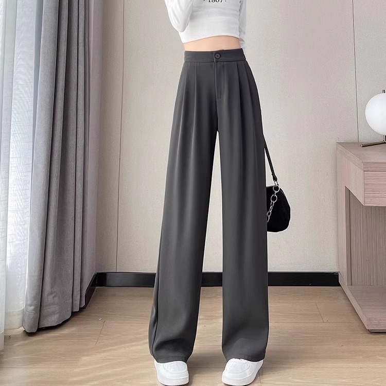 灰色窄版阔腿裤女夏2024新款小个子高腰垂感拖地裤宽松直筒西装裤