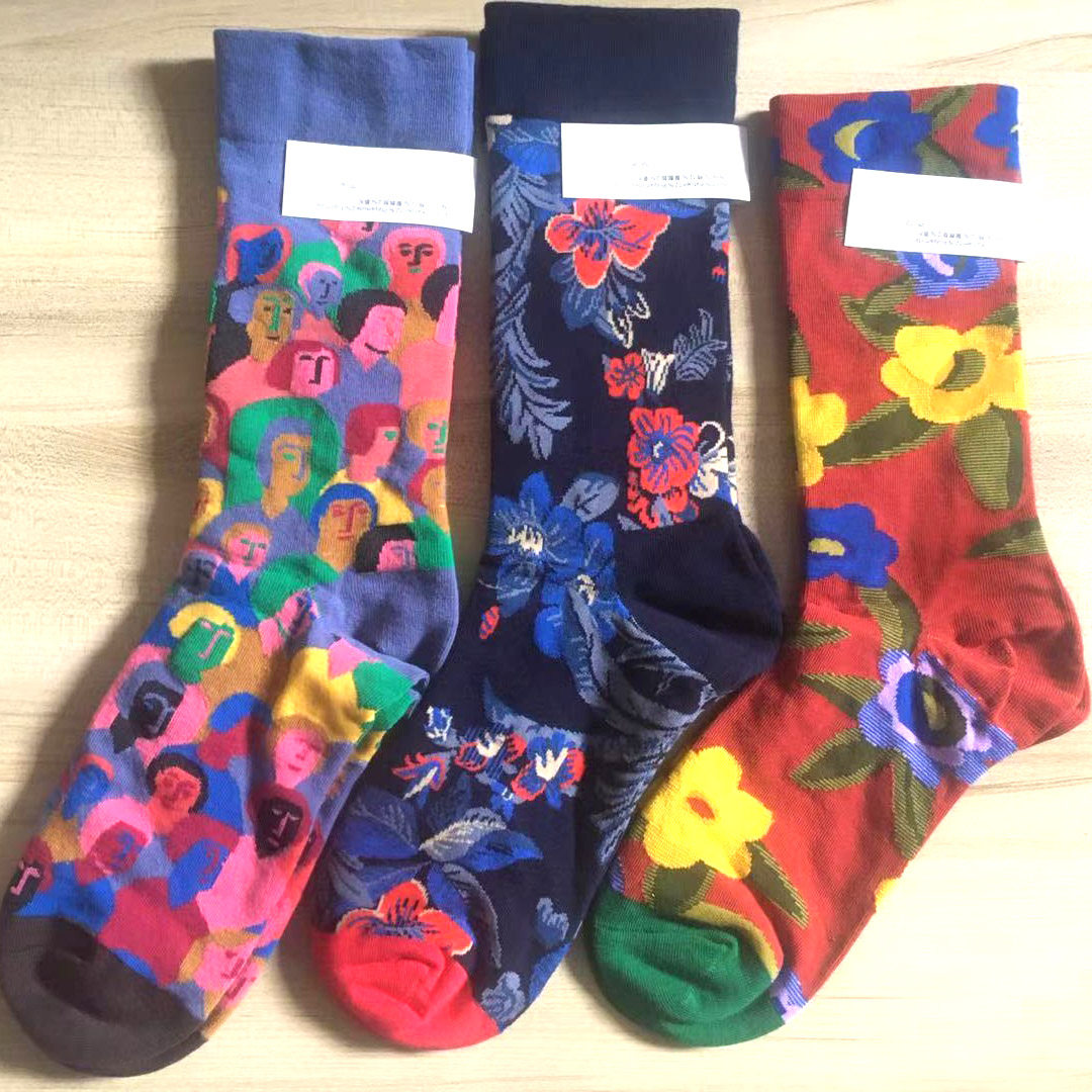 法国外贸出口花袜子中筒男女纯棉秋冬潮牌原创时尚潮流情侣创意袜