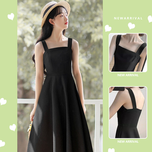 黑色吊带连衣裙女2024夏季新款小个子法式赫本风高级感气质小黑裙
