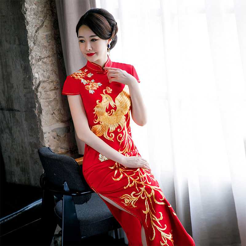旗袍苏绣凤凰刺绣手工红色高端婚礼宴会重磅真丝长款短袖定制礼服
