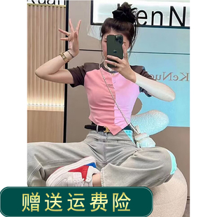 美式复古撞色粉色插肩短袖t恤女夏设计感小众不规则修身短款上衣