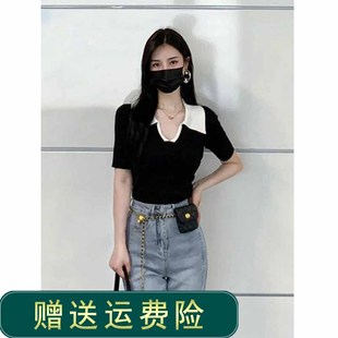 黑色正肩冰丝针织polo衫v领短袖T恤女夏修身显瘦短款翻领半袖上衣