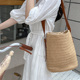 韩版小众长短包带单肩草编包 手提大容量水桶编织包女度假沙滩包