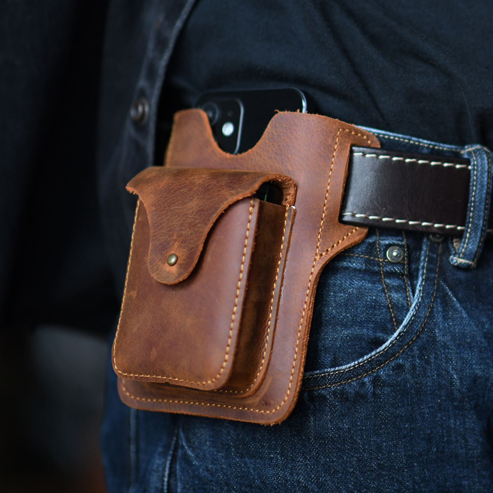 美式复古男士腰包头层牛皮烟包里外纯皮疯马皮腰挂手机包可穿皮带