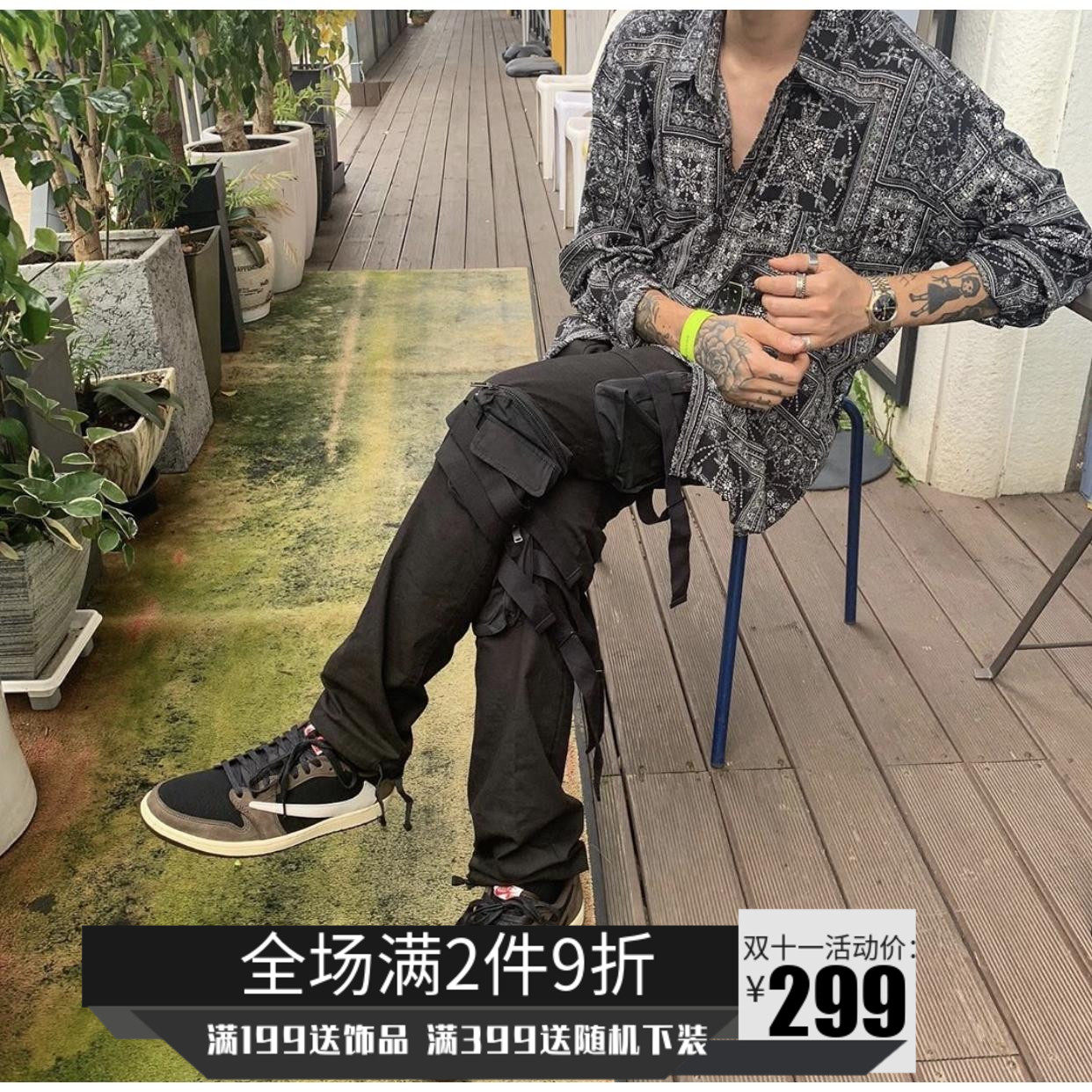 2kelevensystem立体多口袋工装长裤八神裤机能裤高街裤子男ins