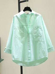 薄荷曼波绿色长袖衬衫女2024新款文艺小清新设计感高级感上衣外套