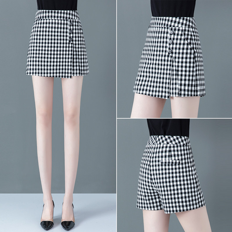 格子裙裤女夏2021新款高腰百搭宽松休闲a字短裤裙不规则前裙后裤
