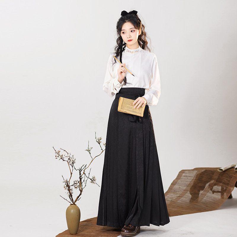 梨花绾 清水溪汉初秋新款黑色马面裙白色衬衫日常改良国风汉服女