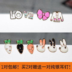 韩国可爱兔子猫咪超萌卡通个性耳环耳钉女时尚不对称小耳饰包邮