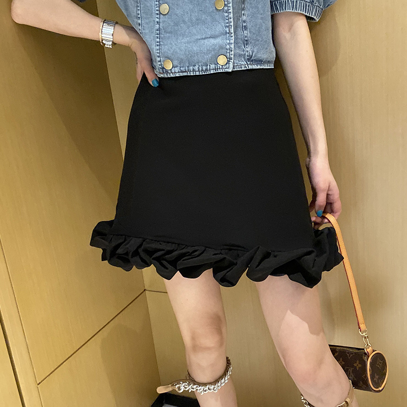 蜜桃家黑色木耳边半身裙女夏季新款 韩版高腰雪纺修身显瘦A字短裙在类目 女装/女士精品, 半身裙中 - 来自Buy2taobao.com提供专业的淘宝代购服务