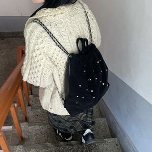 韩国小众女包彩色宝石磨砂绒面拼接链条抽绳双肩包大容量手提背包