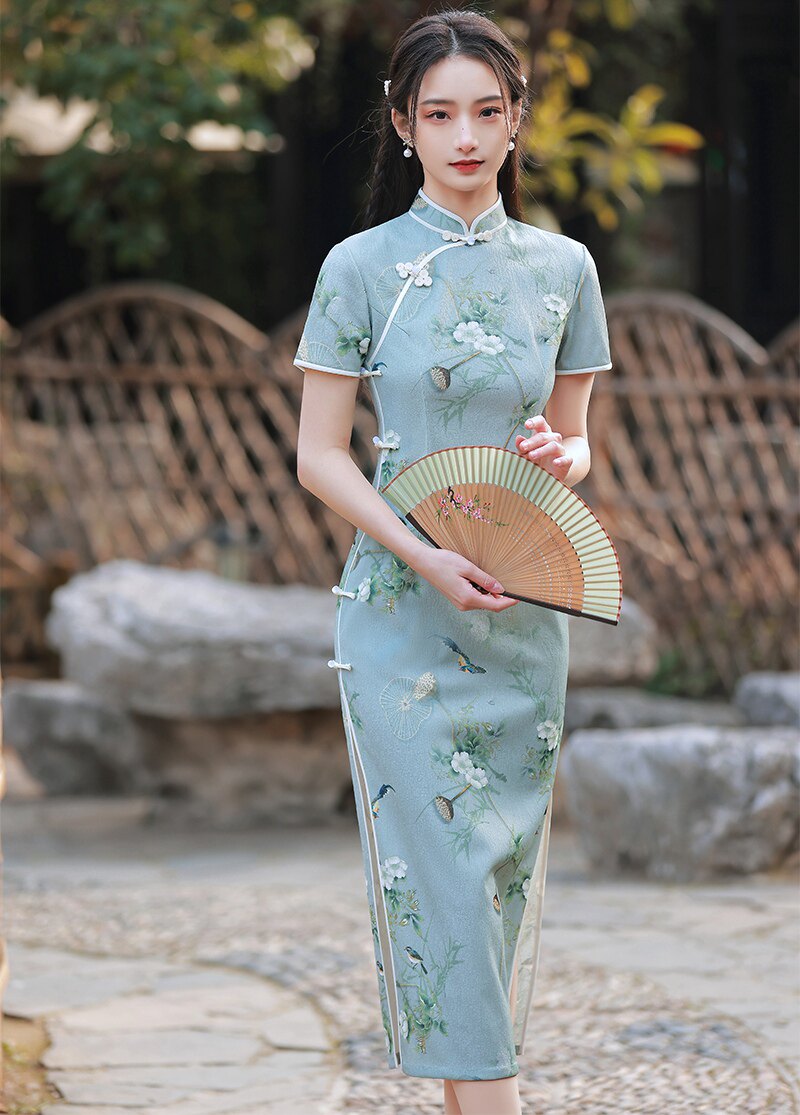 天猫￥236券后价￥116四面弹好看的旗袍2022年新款青色改良年轻款小