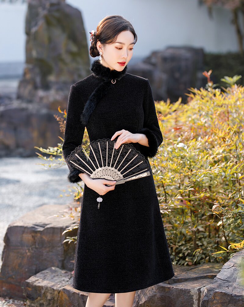 加绒加厚旗袍2022年新款年轻款黑色冬季改良秋冬小个子短款长袖冬