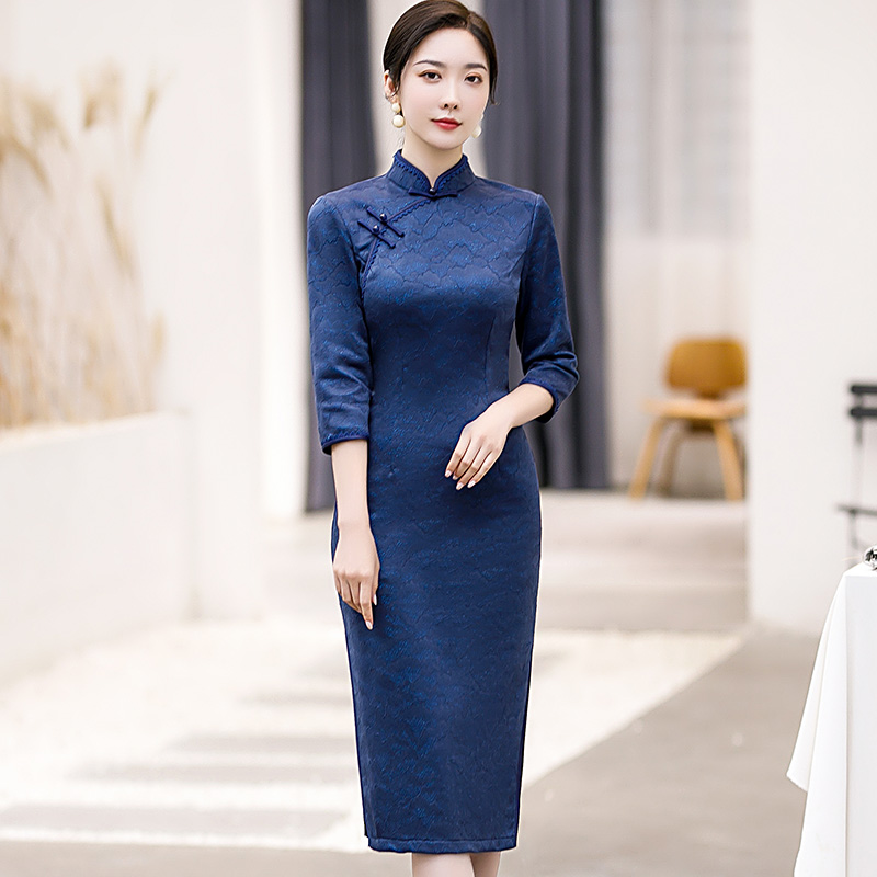 旗袍2021年新款老上海日常素雅中长款藏蓝色中袖复古女气质改良夏