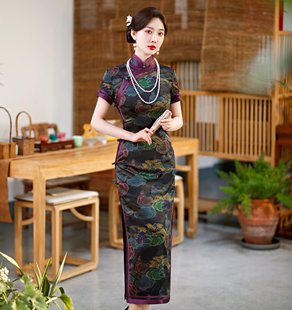 长款旗袍2024年新款夏季复古老上海风花色传统侧八扣中老年妈妈装