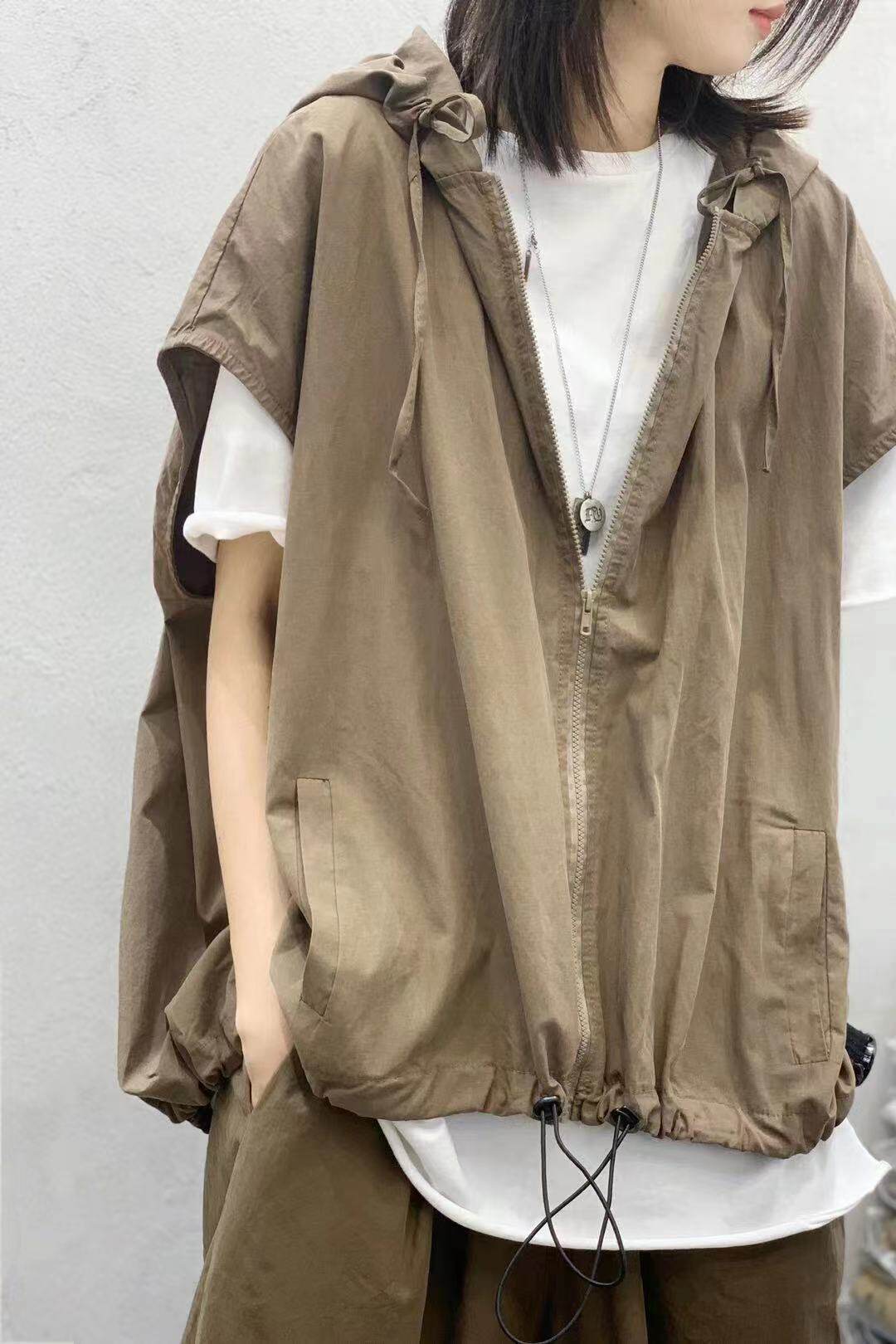 棉麻马甲女夏季薄款2022年新款宽松大码休闲女士马夹外搭连帽外套