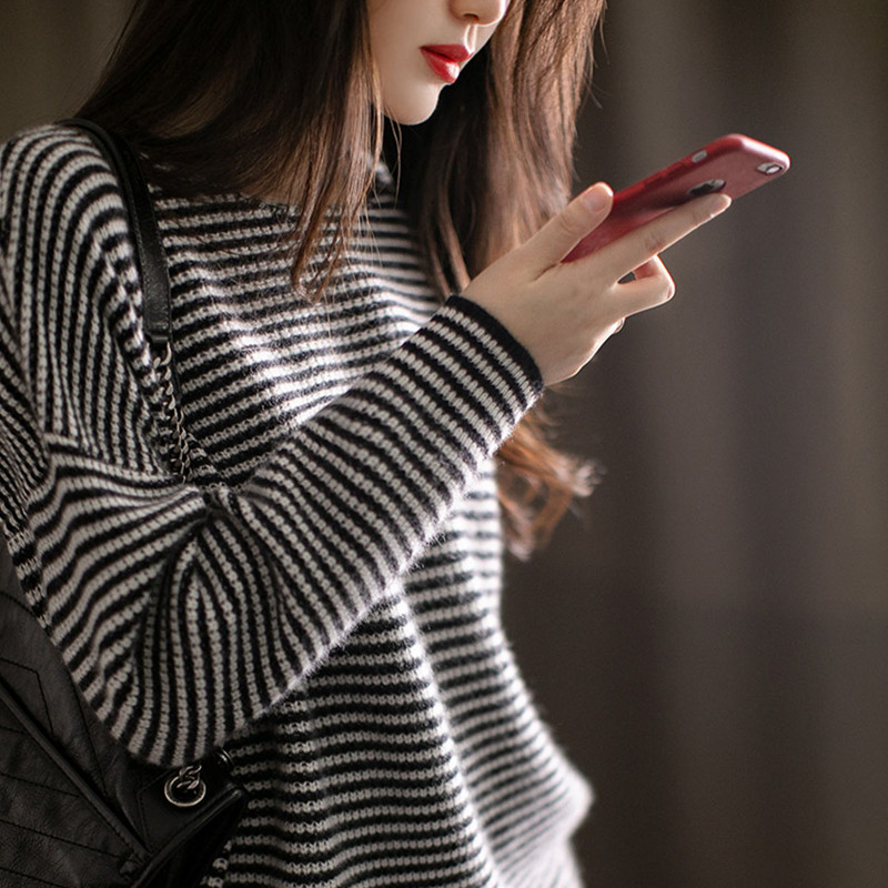 韩国东大门女装2023秋装新款毛衣长袖宽松条纹针织衫显瘦长袖上衣