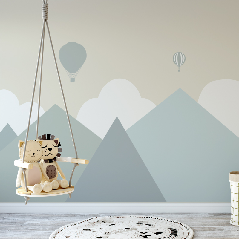 简约现代儿童房背景墙壁纸卡通几何墙纸装饰壁画女孩卧室云朵墙布