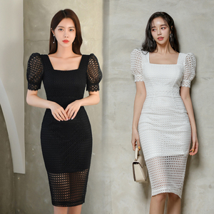 2021 Korean summer style square neck retro lace slim slim short sleeved dress one-step skirt