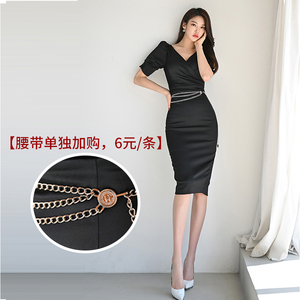 2022 spring Korean cross V-neck high waist metal chain slim dress belt purchased separately