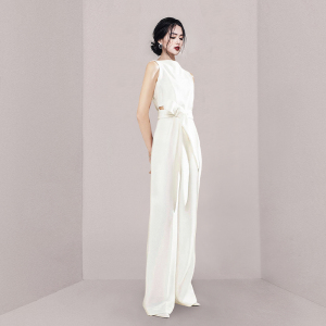 2022 spring new Korean wide leg pants one-piece pants suit high waist slim temperament vertical white