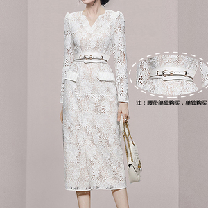 2022 spring new Korean V-neck slim fitting long sleeve lace lady dress belt purchased separately