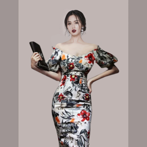 Spring 2022 new Korean slim print Lantern Sleeve Top waist fashion wrap hip Skirt Set