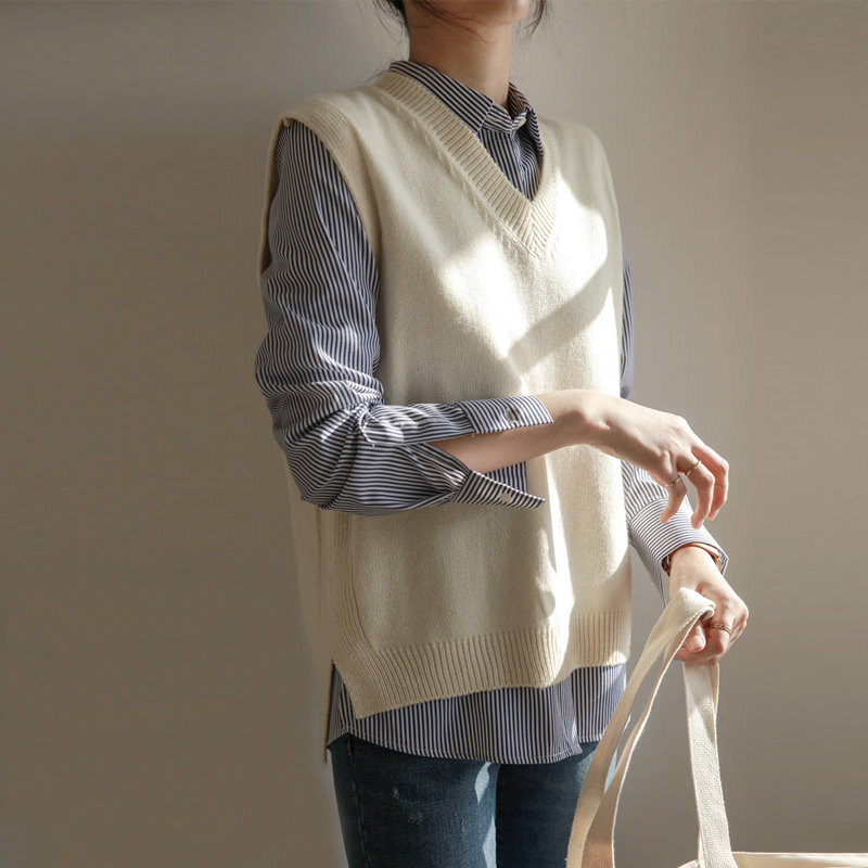 白色无袖坎肩毛衣背心女学院风宽松韩版学生v领春秋针织马甲复古