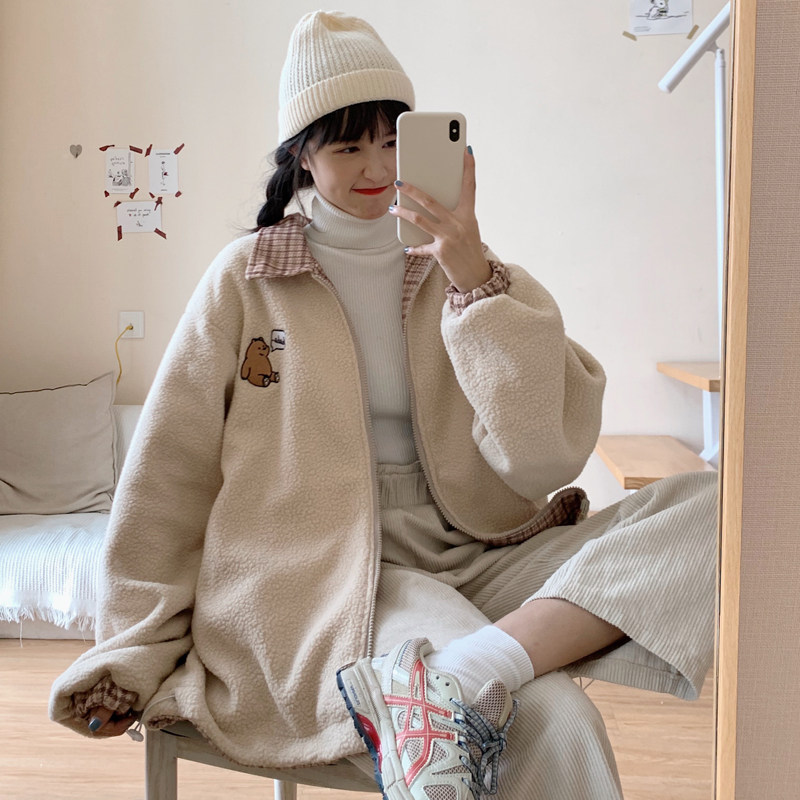 胖mm两面穿羊羔绒毛外套女秋冬季韩版宽松百搭加绒加厚棉服ins潮