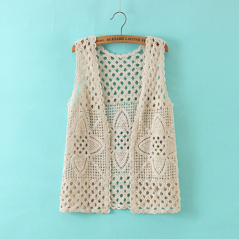 复古棉线钩花马甲女做旧2020新款针织衫坎肩春夏镂空无扣开衫背心