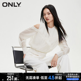 ONLY早春时尚宽松拼接假两件圆领短款雪纺衫女