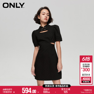 ONLY夏季新中式黑色镂空设计泡泡袖收腰显瘦短款连衣裙|123242071