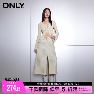 ONLY2024夏季新款设计感开叉中长款高腰牛仔半身裙女|124137026