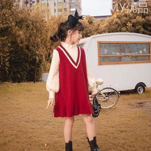 女童连衣裙春秋季针织红色儿童洋气中长款春装中大童韩版毛衣裙子