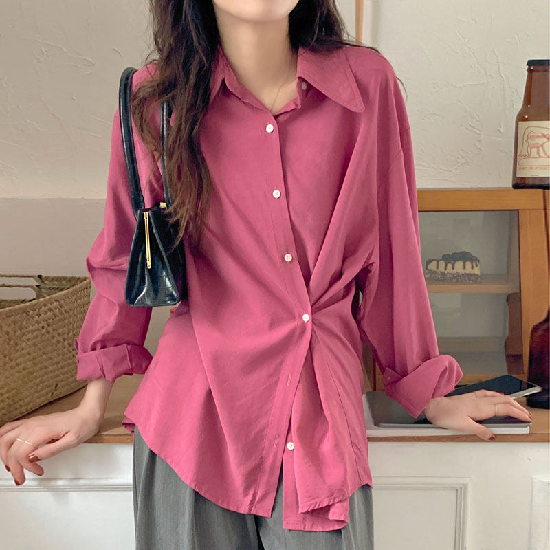 树莓色尖领大翻领衬衫女春小众设计感坠感雪纺上衣宽松玫粉色外套