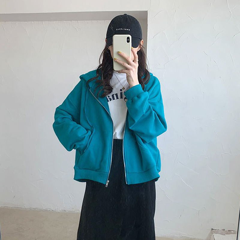 百思朵2020秋孔雀蓝卫衣ins网红上衣纯棉宽松拉链开衫连帽短外套