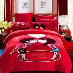 婚庆大红珊瑚绒四件套加厚法兰绒保暖法莱绒被套结婚1.8m床上用品