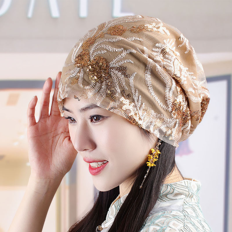 洋气亮片头巾帽春夏透气薄款女士堆堆帽网纱绣花帽子大头遮白发帽