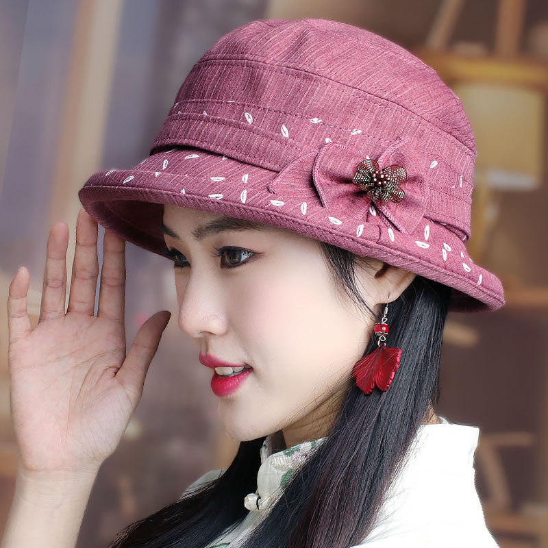 盆帽女中老年春秋薄款复古卷边短檐圆顶帽子洋气花朵休闲妈妈帽
