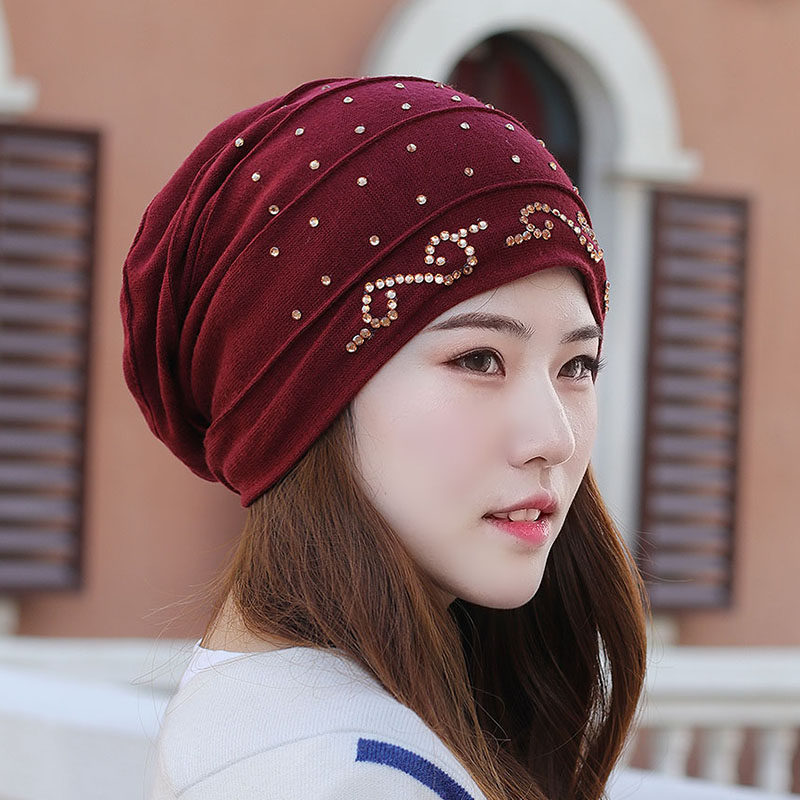 帽子秋冬女头巾帽保暖加绒韩版洋气妈妈帽大头帽包头帽水钻堆堆帽