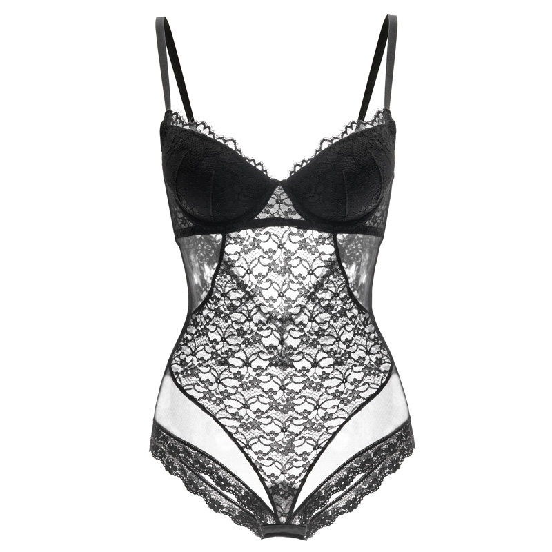 欧美性感文胸上薄下厚聚拢罩杯蕾丝透明露背吊带连体衣复古内衣新
